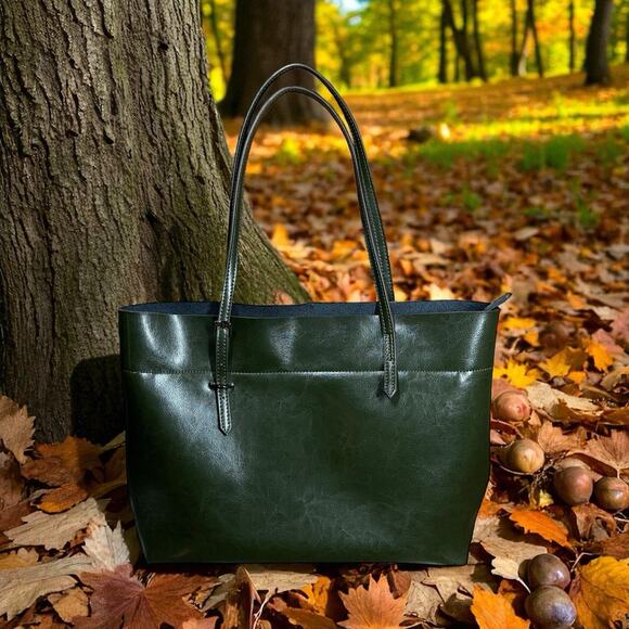 Kattee Green Leather Tote Lg Shoulder Bag Double Handle Purse Triple Compart - Picture 2 of 11